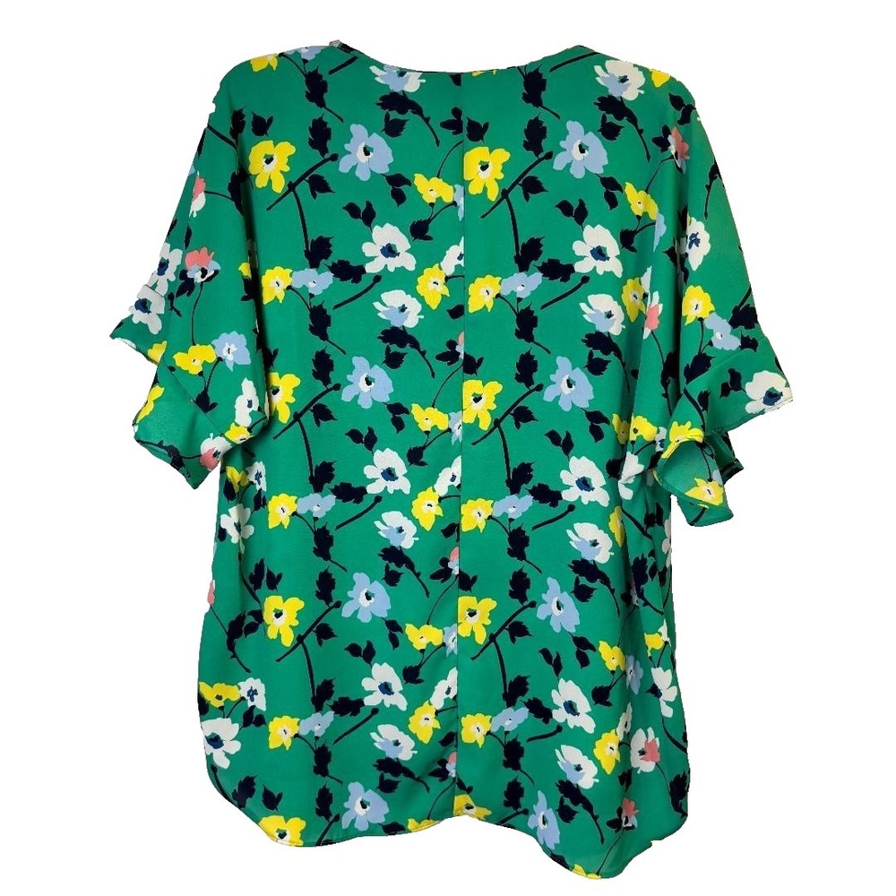 Banana Republic Floral Ruffle Sleeve Blouse Womens Large Green V-Neck Top - Picture 2 of 7